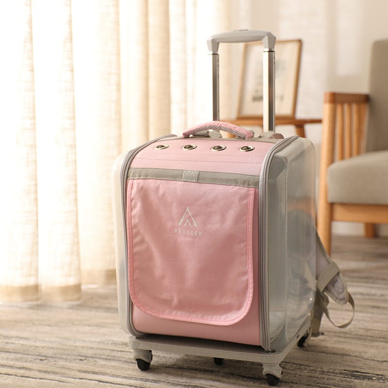 Sac à dos trolley rose pour chat et chien, durable et léger, idéal pour le transport des animaux de compagnie.