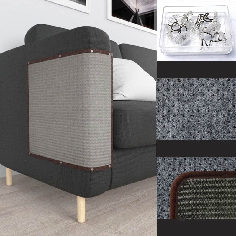 Griffoir pour chat en sisal pour protection de canapé, avec diverses textures et accessoires de fixation.