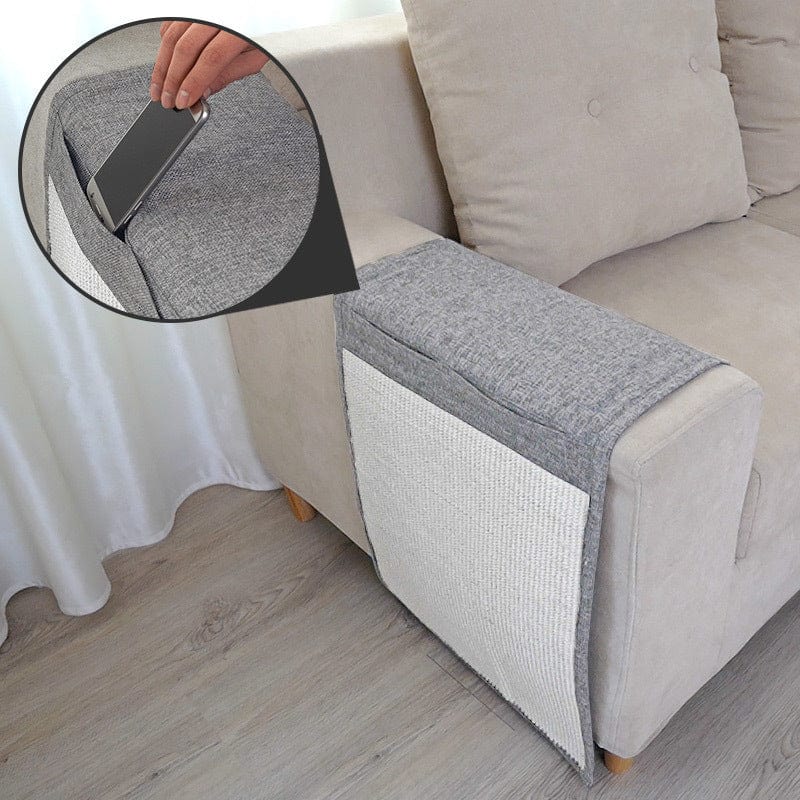 Griffoir pour chat protégeant le canapé avec poche pour rangement téléphone, en sisal durable et design moderne.