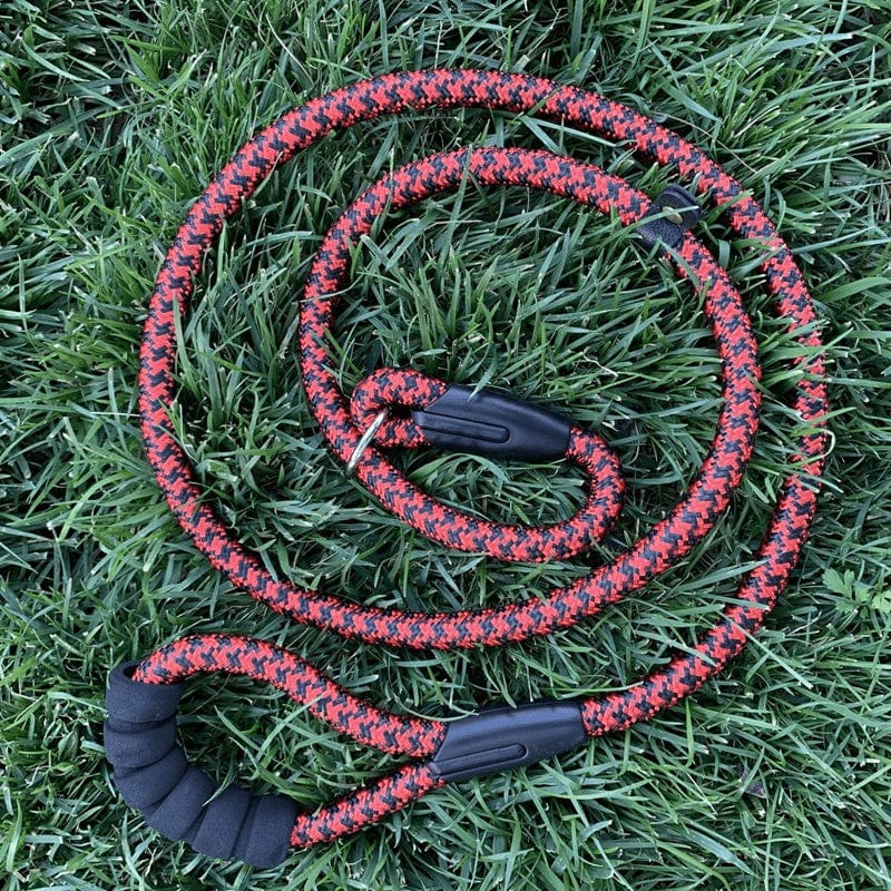 Chaine pour chien robuste avec diamètre de 12-15mm, design en rouge et noir, posée sur l'herbe.