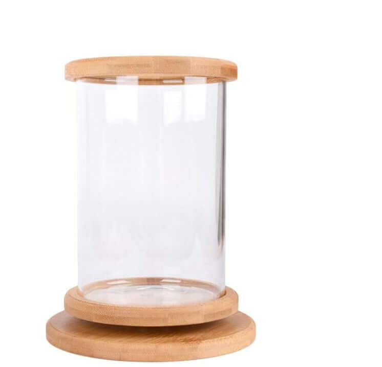 Mini aquarium en verre transparent avec base en bambou, idéal pour décorer votre espace de travail ou maison.