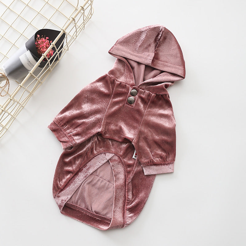 Pull à capuche en velours rose pour chien, confortable et stylé, parfait pour l'automne et l'hiver.
