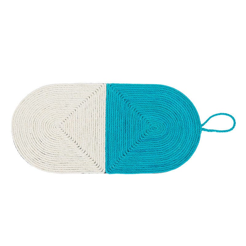 Tapis à gratter en sisal naturel pour chats, en forme ovale avec motifs bleu et beige, idéal pour entretenir les griffes.