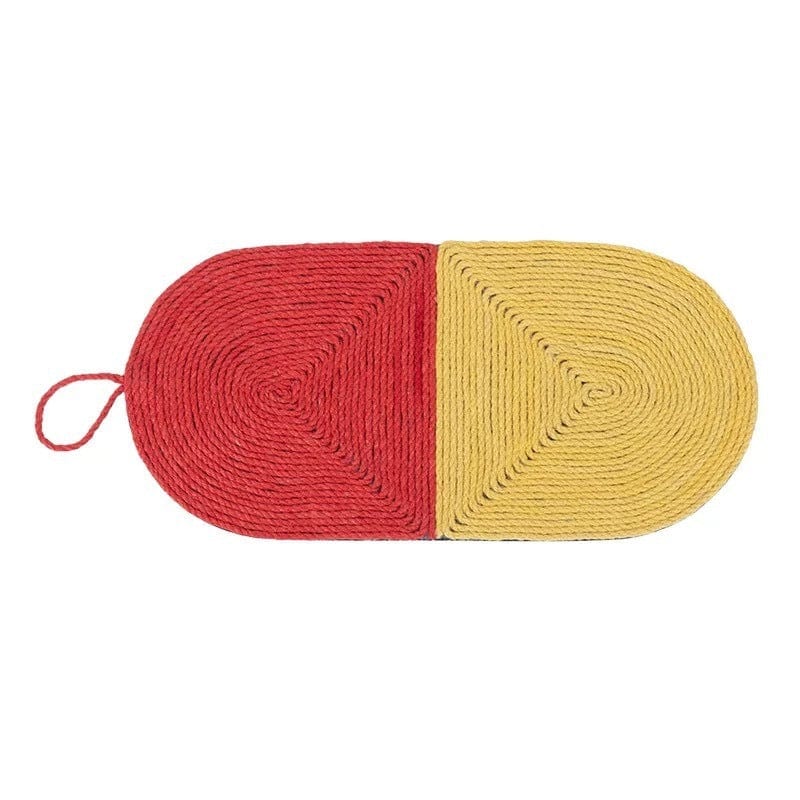 Tapis à gratter pour chats en sisal naturel, design rouge et jaune, parfait pour préserver les griffes de votre chat.