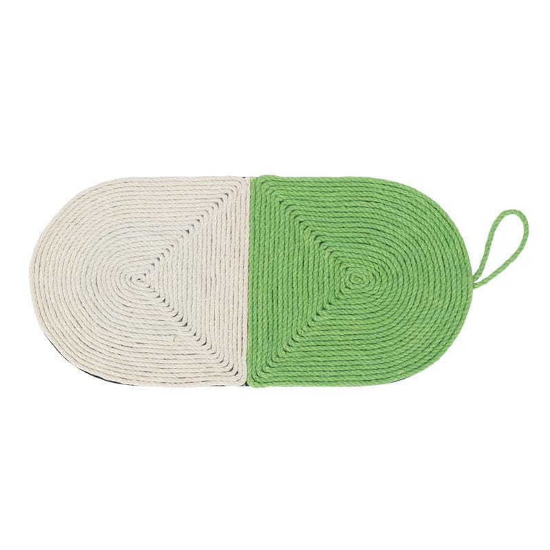 Tapis à gratter pour chats en sisal naturel, design en forme de cactus avec couleurs vertes et beige.