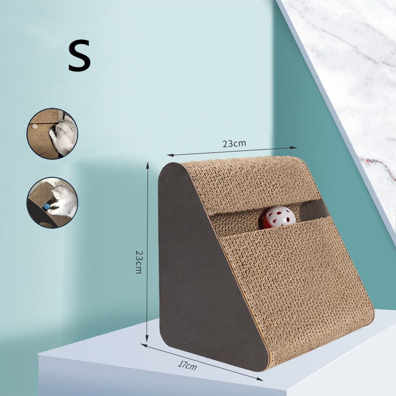 Griffoir en triangle en papier ondulé pour chat, design moderne et fonctionnel, avec jouet intégré.