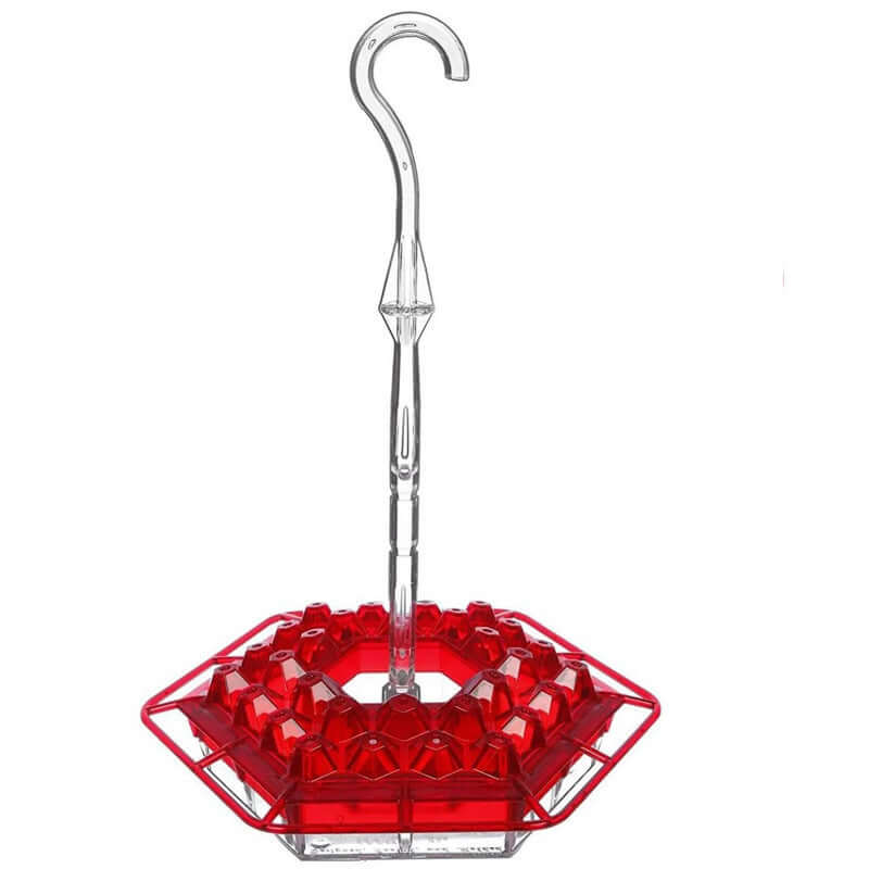 Nourrisseur hexagonal en fleurs rouge avec crochet pour attirer les oiseaux dans votre jardin.