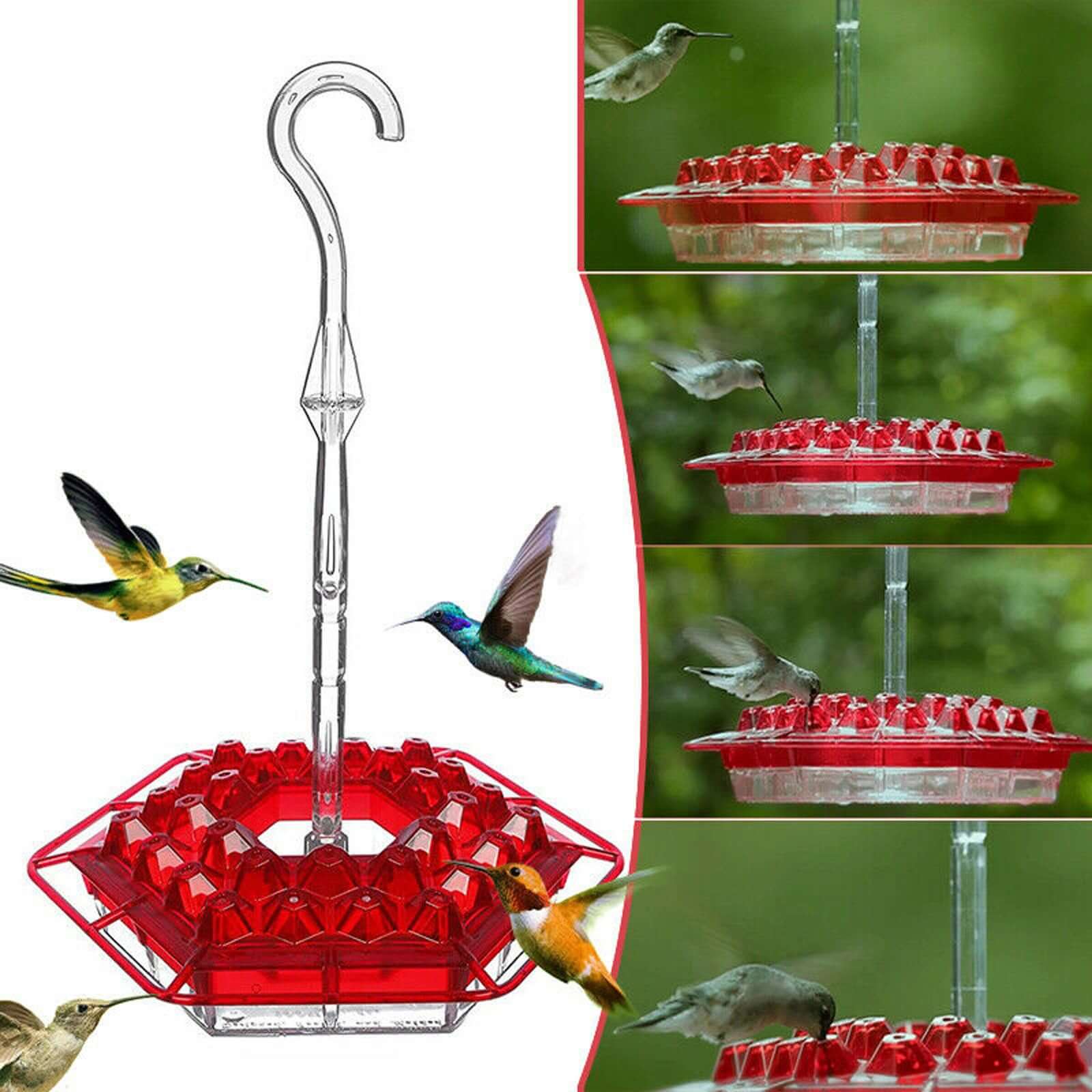 Nourrisseur hexagonal rouge pour oiseaux, idéal pour attirer les colibris dans votre jardin.