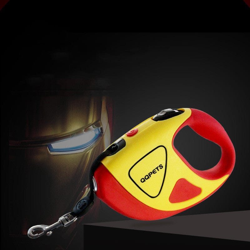 Laisse rétractable pour grand chien, design rouge et jaune, idéale pour les promenades en plein air.