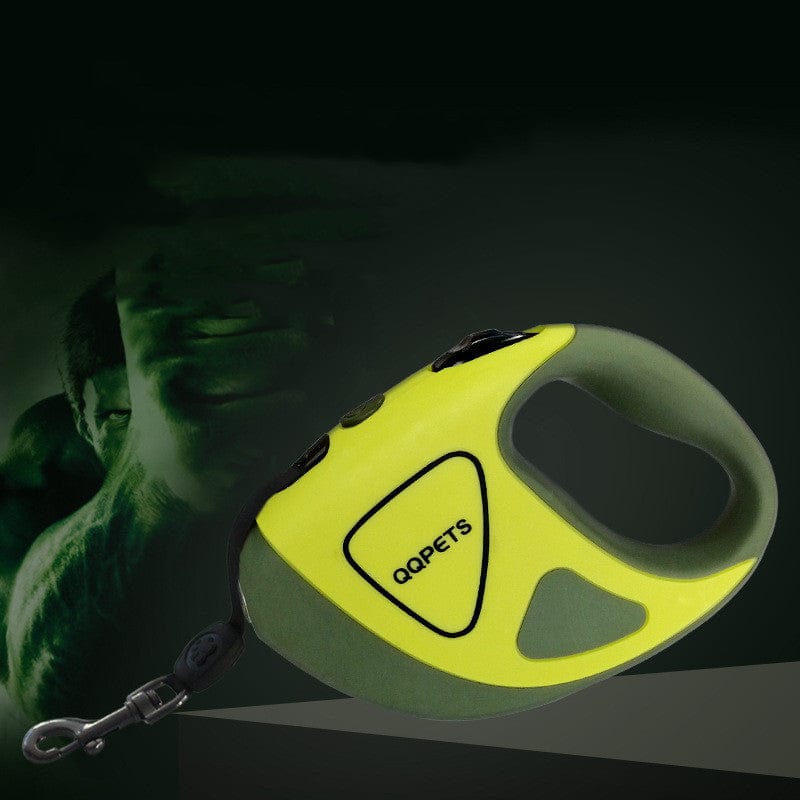 Laisse rétractable pour grand chien avec poignée ergonomique et système de verrouillage, couleur jaune fluo.