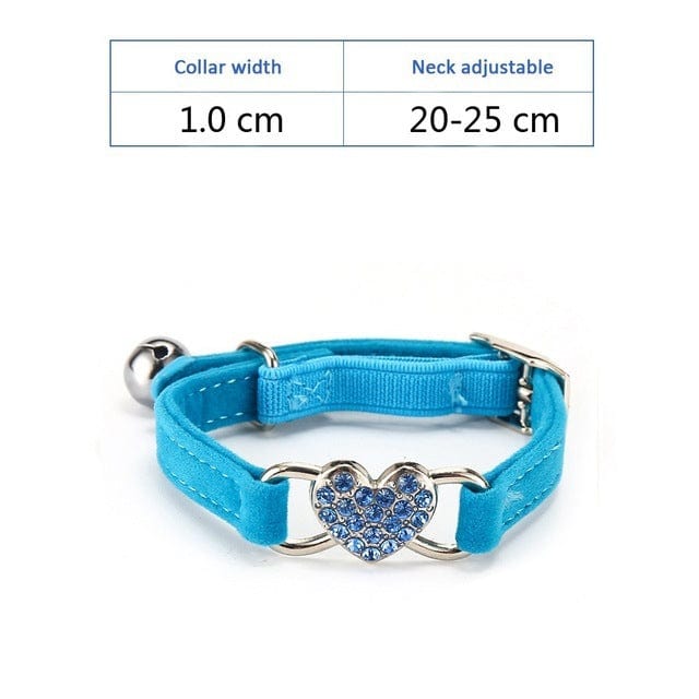 Collier pour chien et chat en tissu bleu avec cœur, ajustable de 20 à 25 cm, largeur de 1.0 cm.