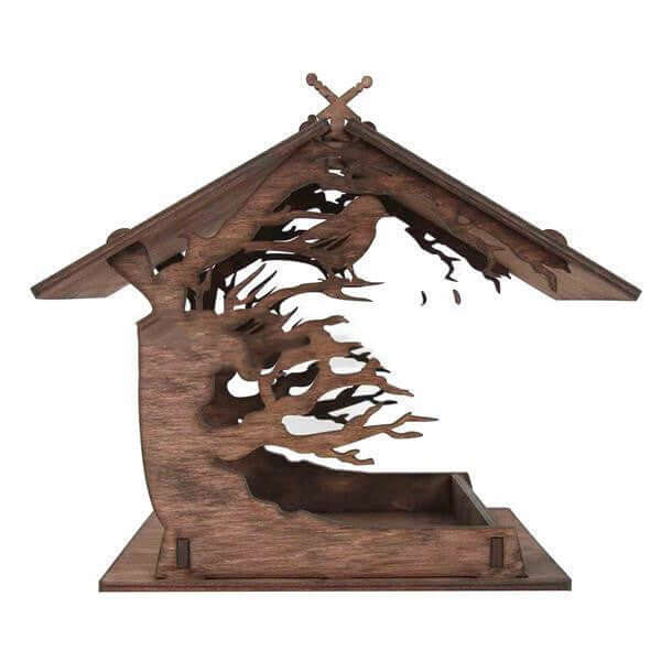 Mangeoire à oiseaux en bois avec design artistique, parfaite pour attirer les oiseaux dans votre jardin.