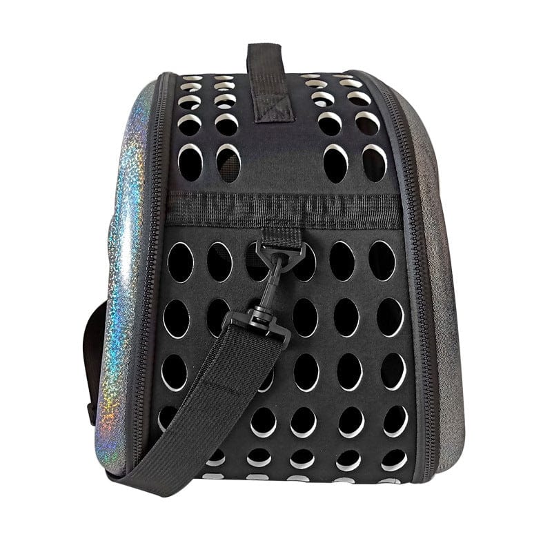 Sac de transport pliable pour animaux avec des perforations, noir et argent, idéal pour le confort des animaux.