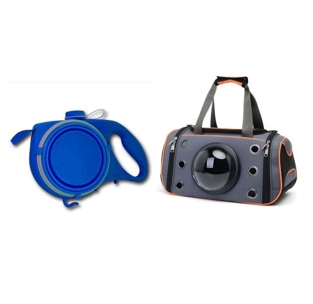 Capsule spatiale portable et distributeur de sac pour animaux, idéal pour les voyages avec collier et accessoires pour animaux.