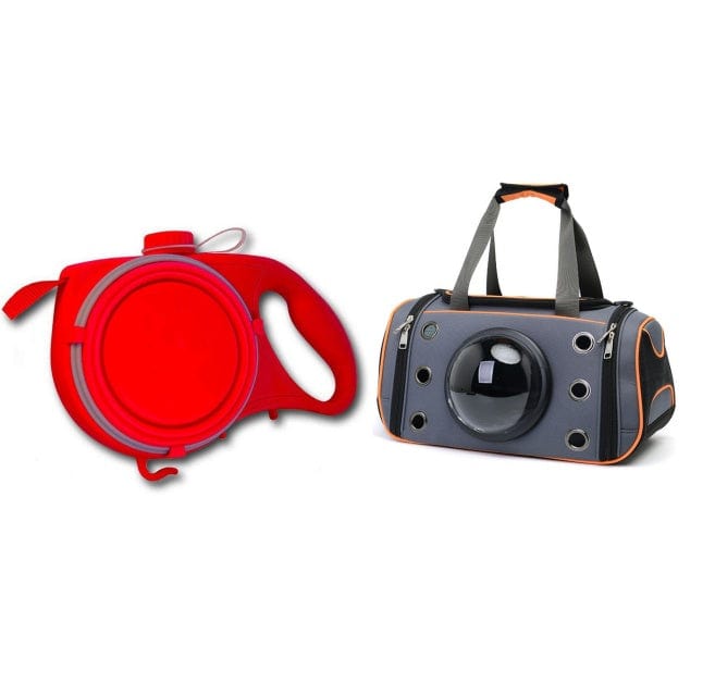 Sac à dos spatial pour animaux avec poche pour jouet et distributeur de collier rouge.