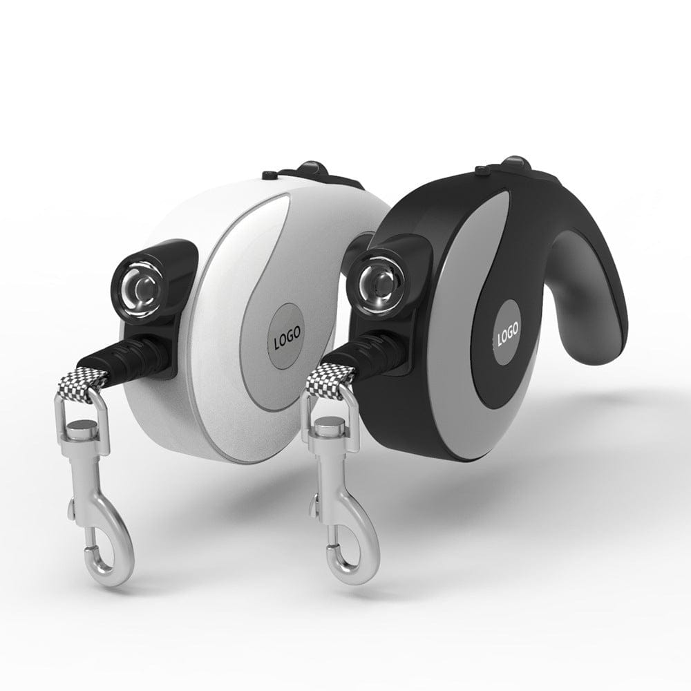 Laisse rétractable automatique pour grand chien en noir et gris, avec lumière LED intégrée pour sécurité.