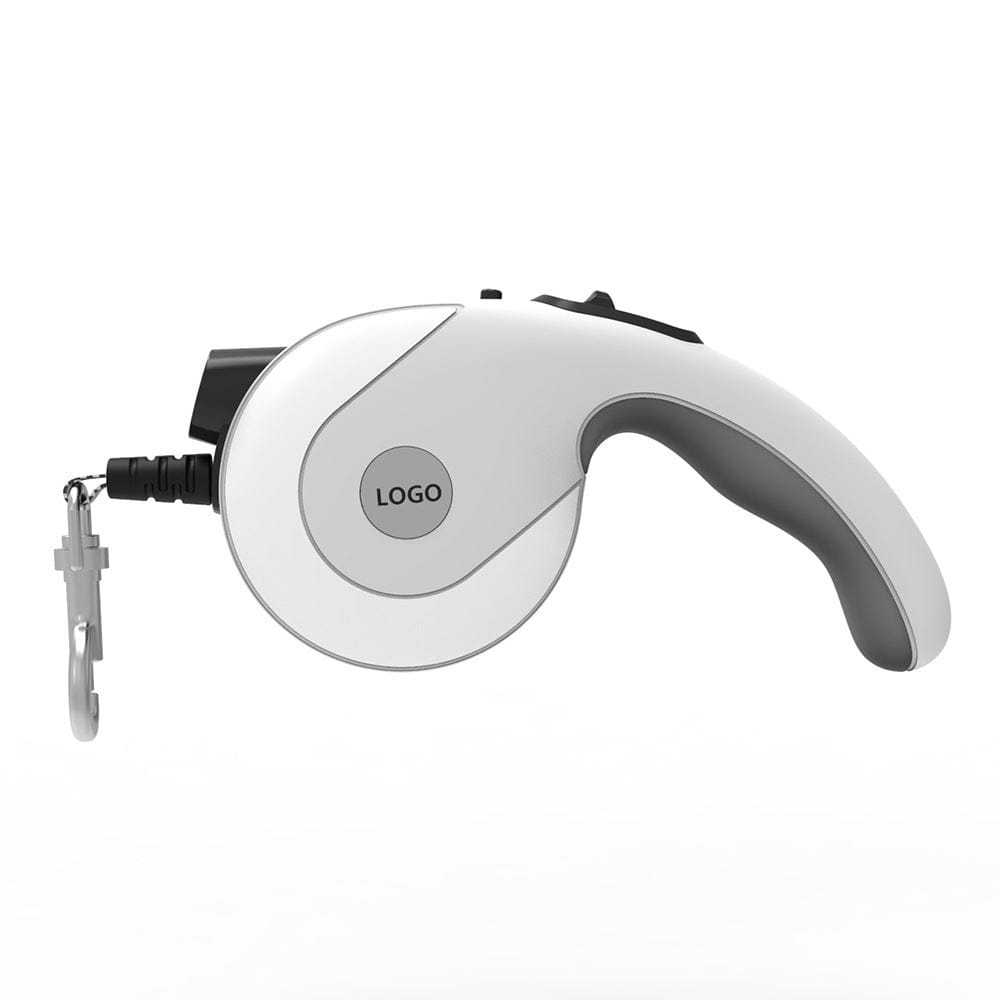 Laisse rétractable automatique pour grand chien, design élégant en blanc et gris avec lumière LED intégrée.