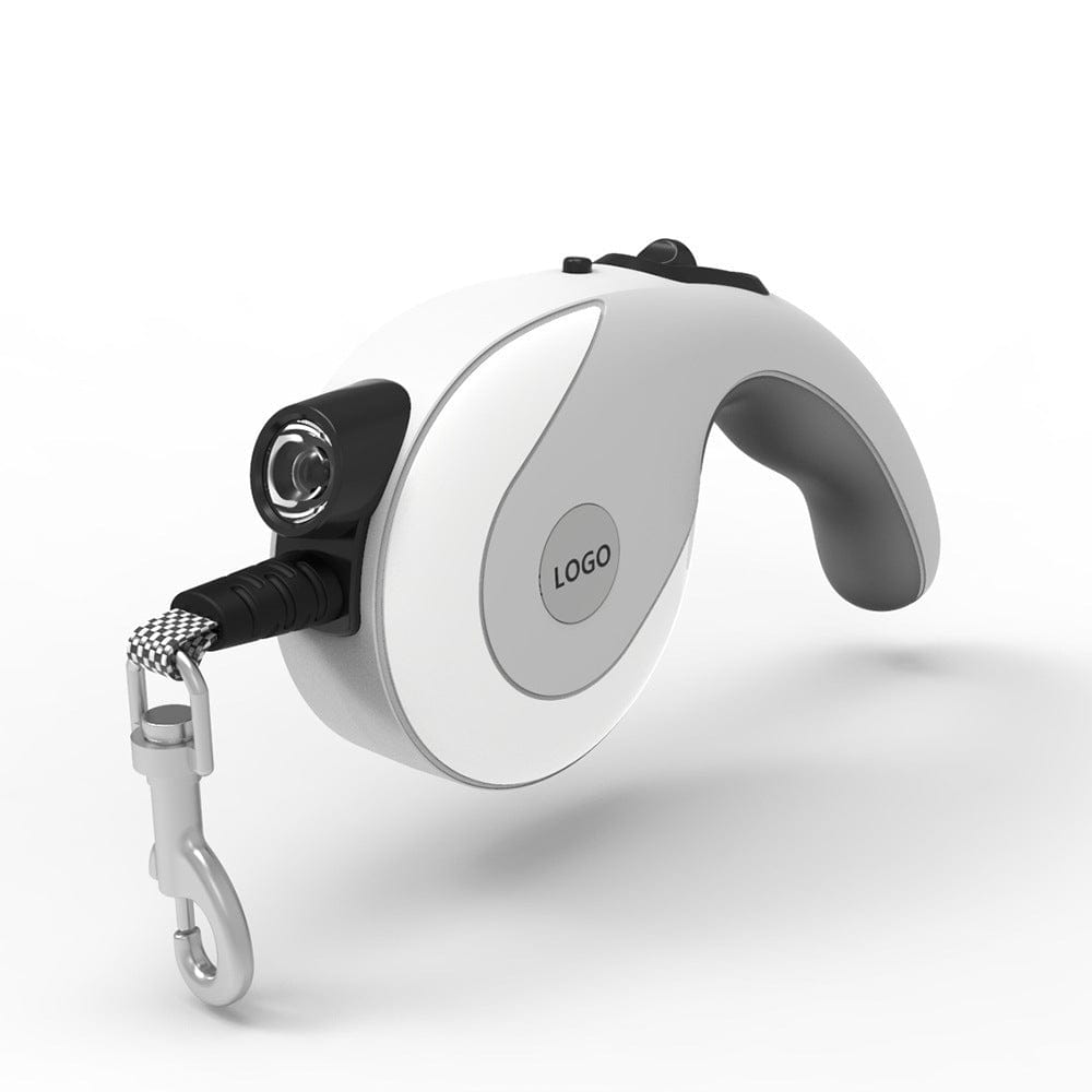 Laisse rétractable automatique pour grand chien avec lumière LED, design élégant noir et gris.