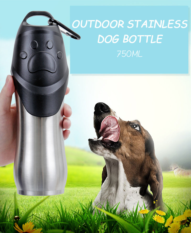 Bouteille d'eau en acier inoxydable pour chiens de 750 ml, idéale pour les sorties en plein air avec animaux.
