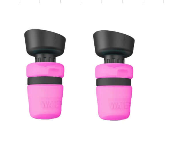Bouteille d'eau pliable pour chien en noir et rose, idéale pour l'hydratation en voyage.