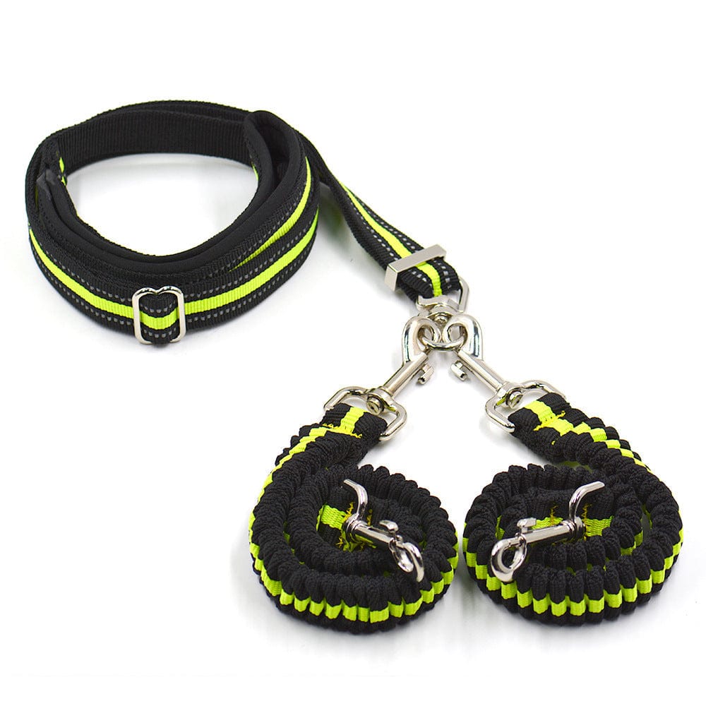 Laisse ajustable en nylon noir et jaune avec double tête pour chiens, idéale pour promenade et confort.