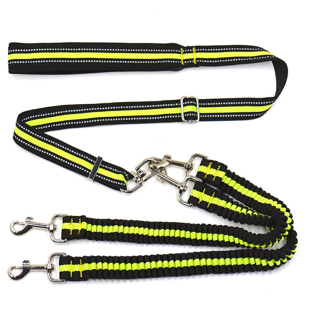 Laisse ajustable pour chien en nylon noir et jaune, légère et résistante pour promenades confortables.