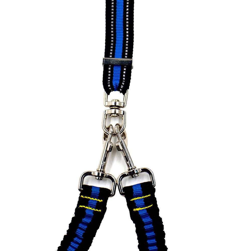 Laisse ajustable pour chien en nylon noir et bleu avec double tête et clips en métal.