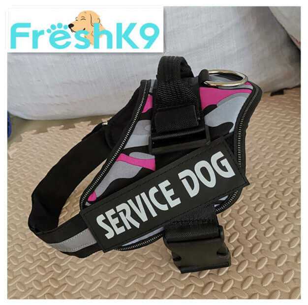 Harnais de poitrine pour chien avec étiquette 'Service Dog', conçu pour sécurité et confort.
