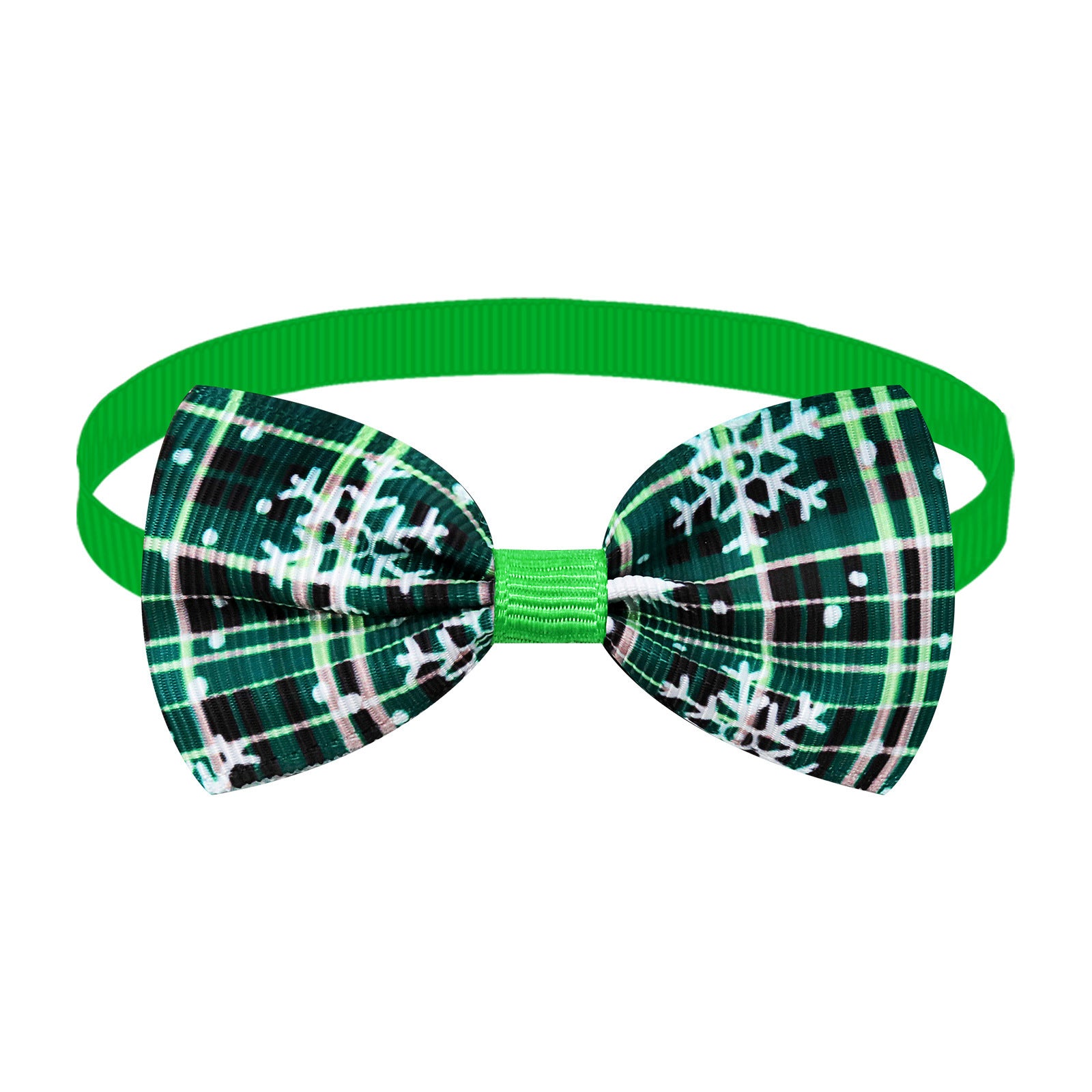 Nœud papillon à rayures plaid de Noël pour chien et chat avec motif flocon de neige et bande verte.
