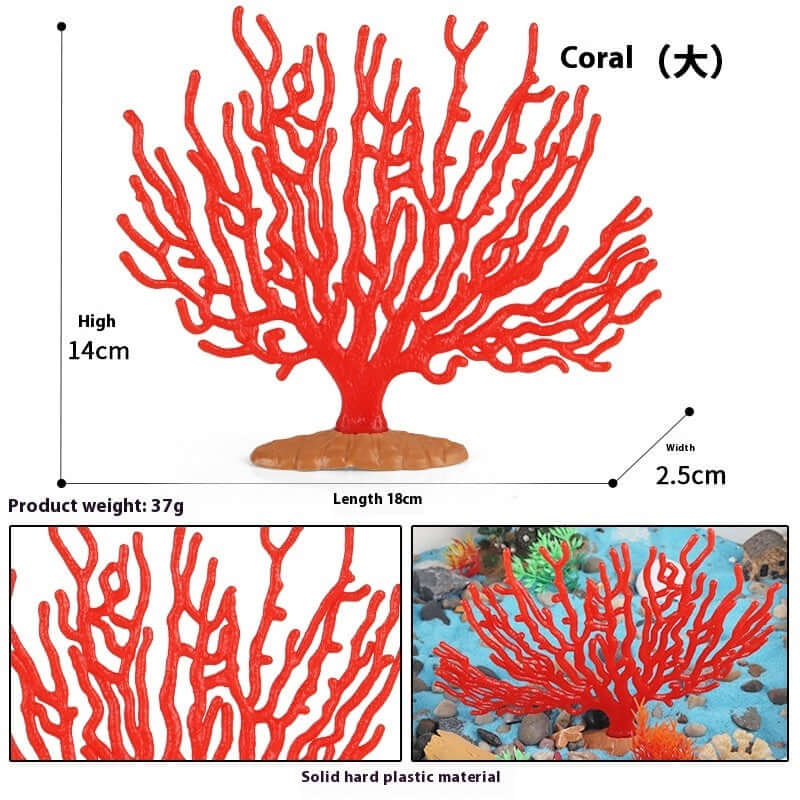 Modèle de corail rouge en plastique solide, 14cm de haut et 18cm de long, parfait pour aquariums.