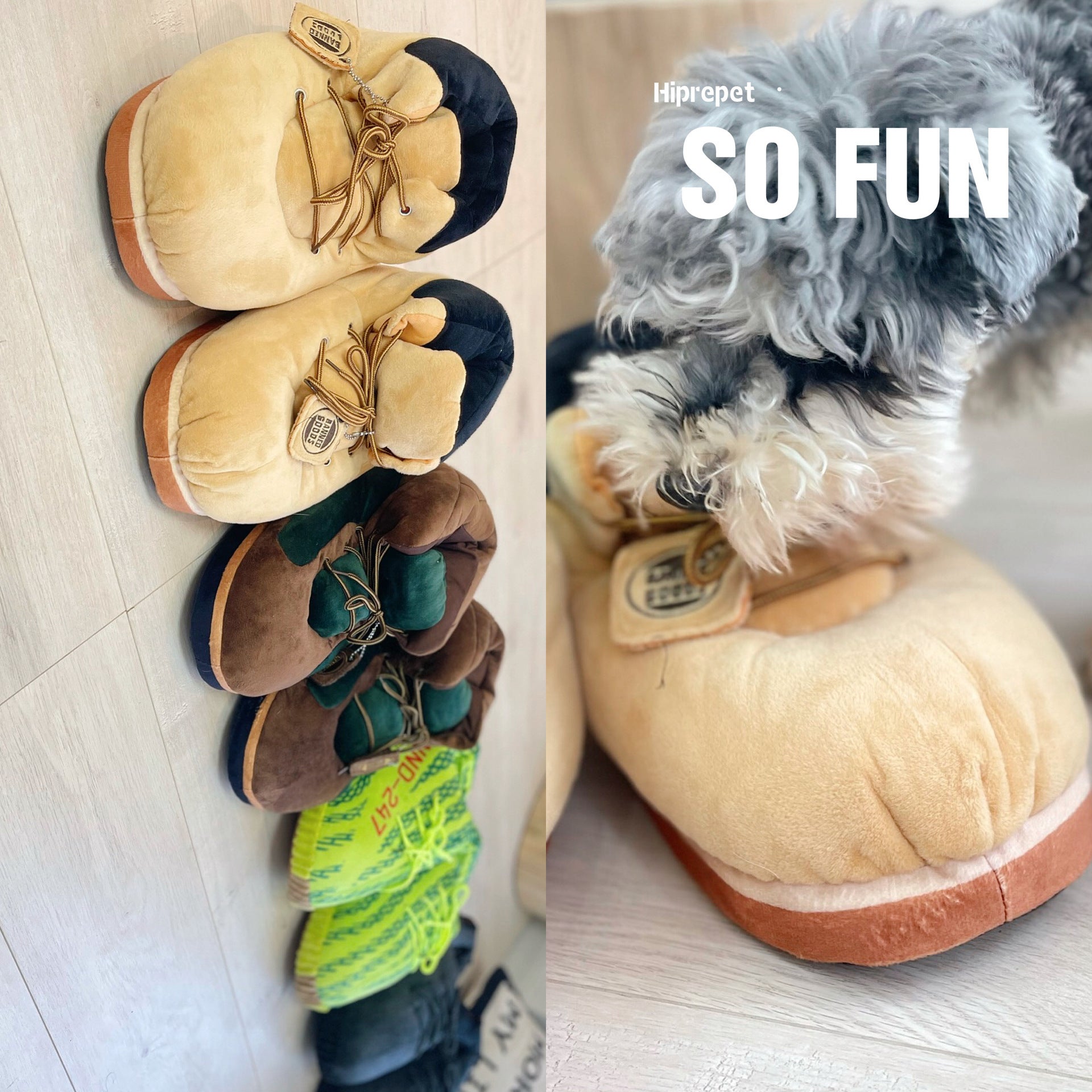 Chaussons en peluche pour chiens de différentes couleurs, un chien interagissant avec un chausson, confort animalier.