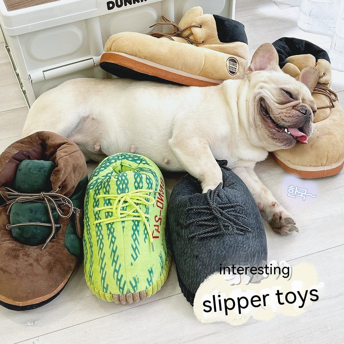 Chaussons en peluche pour chiens, jouets amusants pour animaux, confort pour pets, chien heureux avec ses jouets.