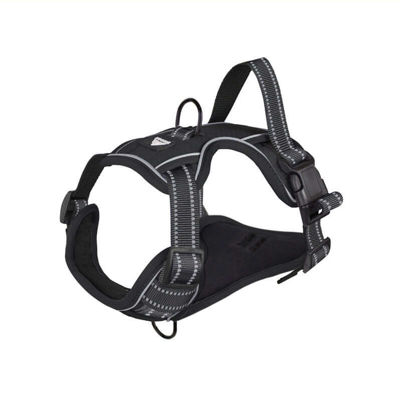 Harnais réfléchissant pour chien en polyester léger et robuste, noir avec bandes réfléchissantes.