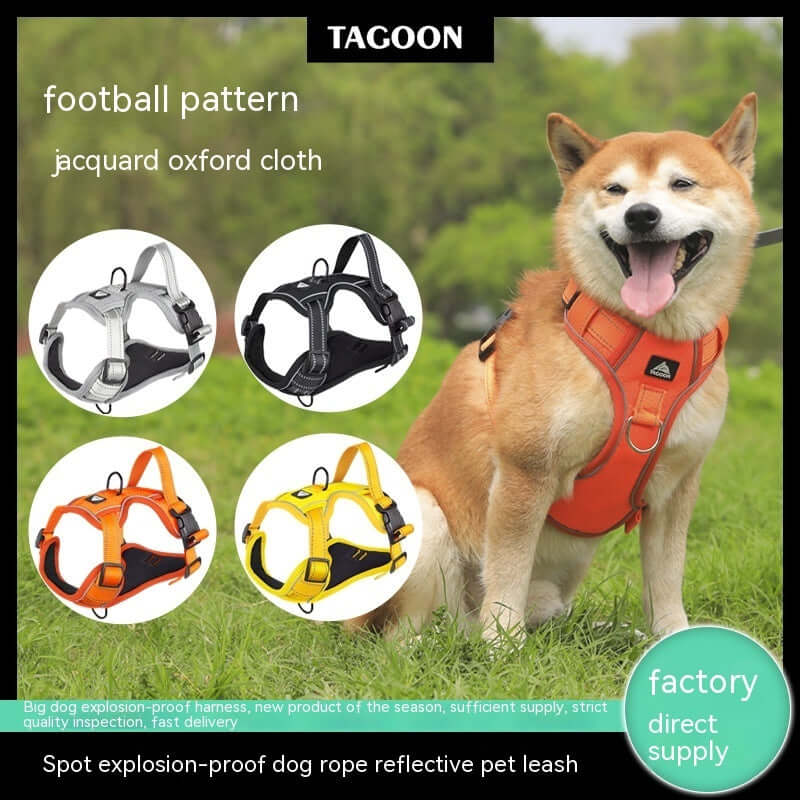 Harnais réfléchissant pour chien en tissus Oxford, disponible en orange, noir, argent et jaune.