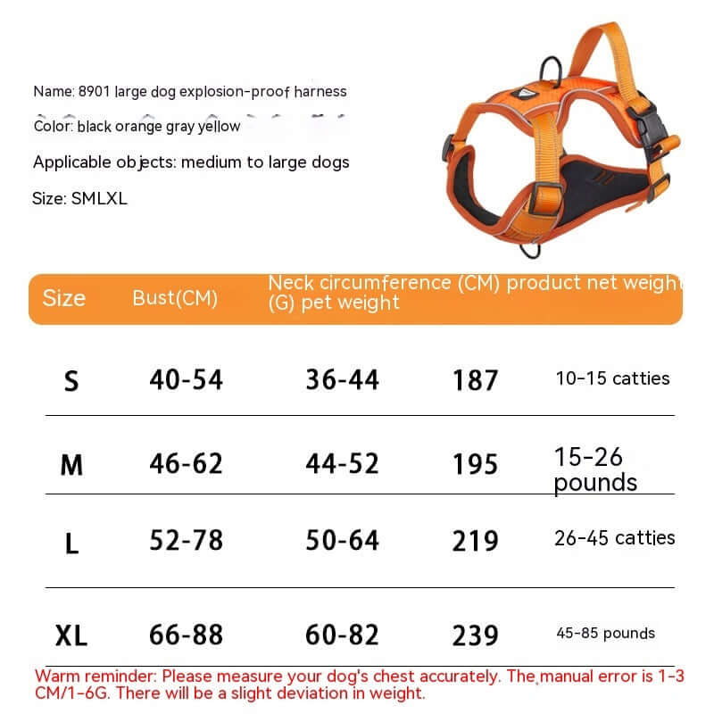 Harnais pour chien orange, taille S à XL, offrant confort et sécurité pour les sorties avec des chiens moyens à grands.