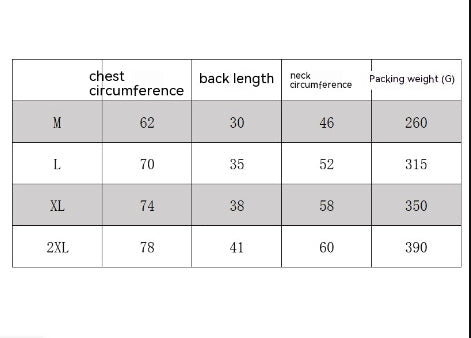 Table displaying size chart for pet pullovers including chest and neck dimensions.