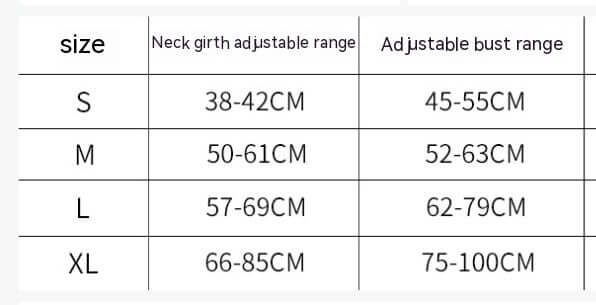 Size chart for adjustable neck girth and bust ranges for pet harnesses.