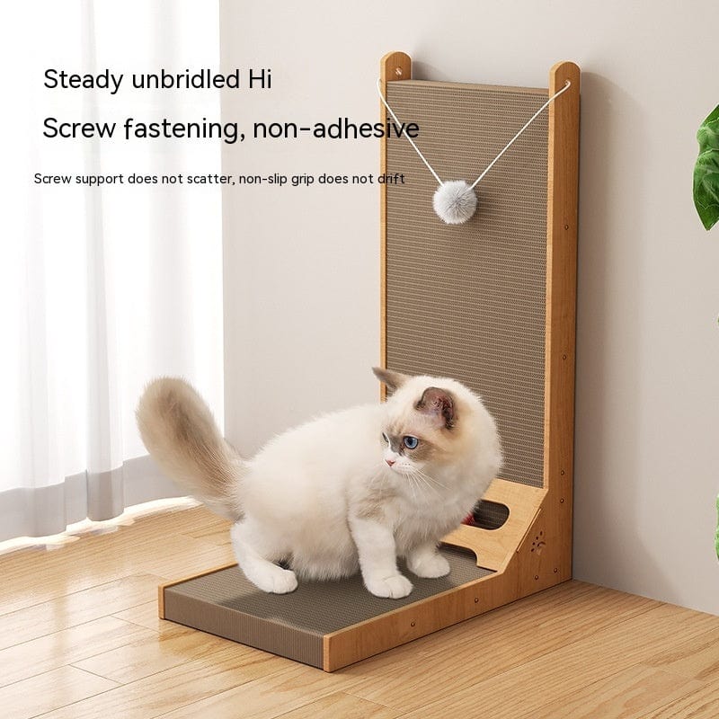 Griffoir vertical en carton ondulé pour chat avec support stable et fixation à vis, parfait pour le grattage.