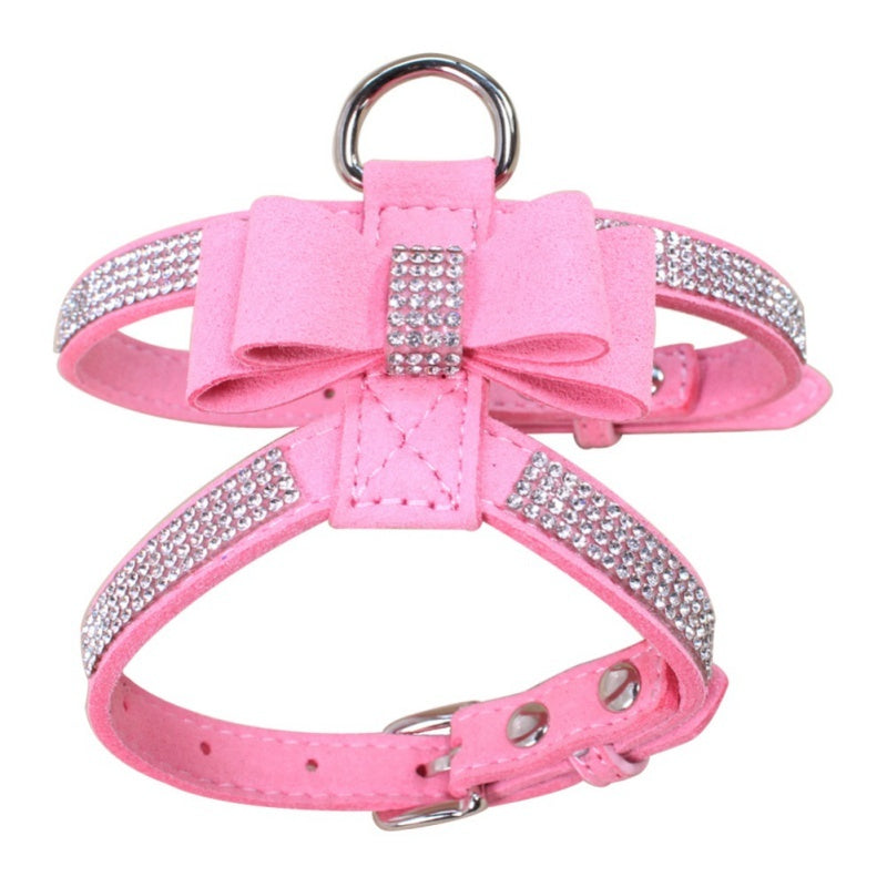 Harnais en velours rose à strass pour chiens et chats avec nœud, élégant et confortable.