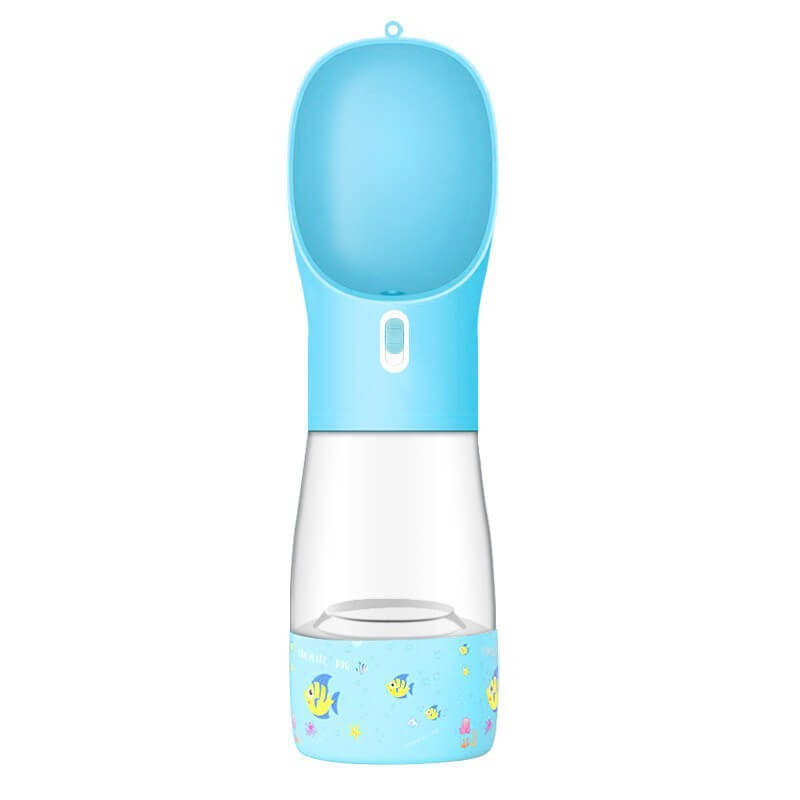 Bouteille d'eau portable pour chien en plastique bleu, idéale pour les promenades et les voyages avec votre animal.