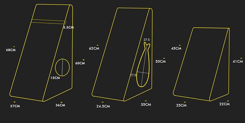 Dimensions de la planche à gratter verticale en papier ondulé pour chat, incluant différentes tailles avec indications.