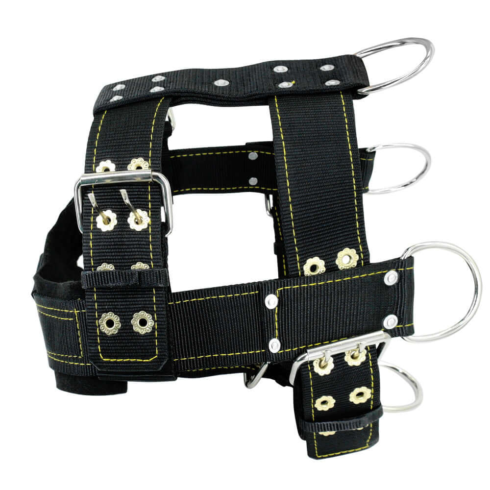 Harnais de sécurité pour chien en nylon noir, durable et léger, idéal pour l'entraînement et le confort des animaux.