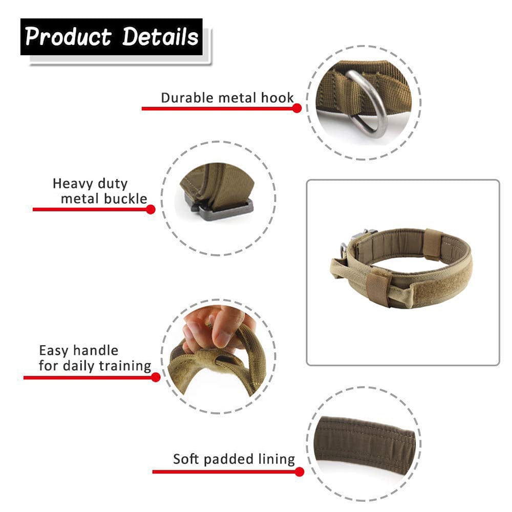 Détails du collier de chien : crochet en métal durable, boucle robuste, poignée facile pour entraînement, doublure rembourrée.