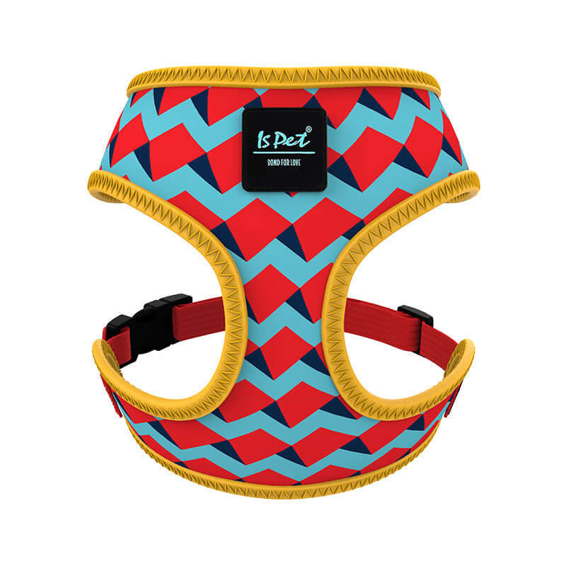 Harnais de sortie en polyester coloré pour chien avec motif géométrique, confort et sécurité pour vos aventures.