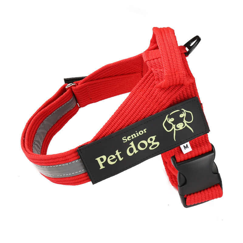 Harnais pour chien en nylon rouge, conçu pour le confort et la sécurité des animaux de compagnie.