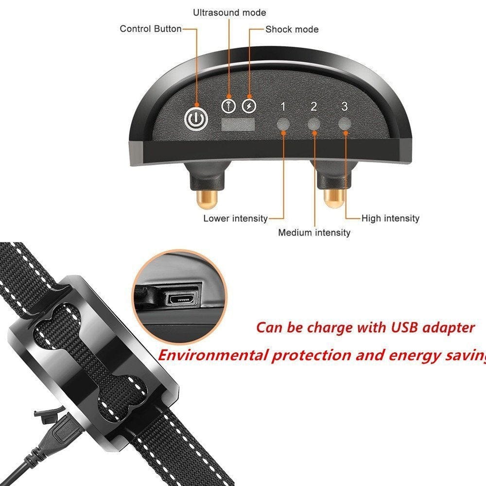 Dispositif anti-aboiement ultrasonique pour chien avec réglages d'intensité, contrôle USB et design écoénergétique.