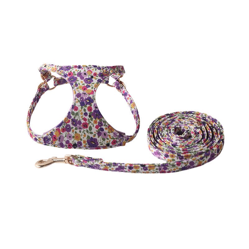 Harnais floral élégant pour animaux avec laisse assortie, en tissu de qualité avec motifs colorés.