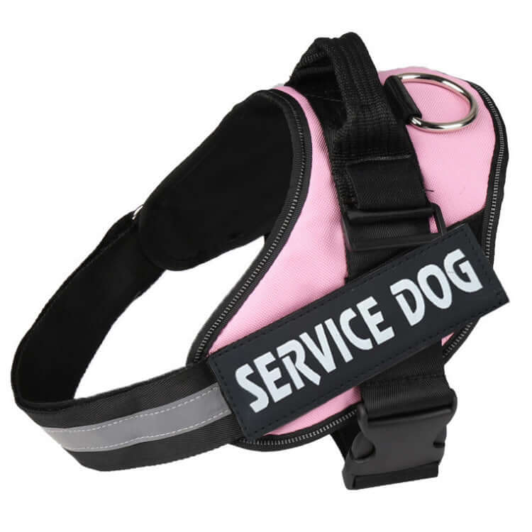 Pink service dog harness with reflective strip and durable design for enhanced visibility and control.
