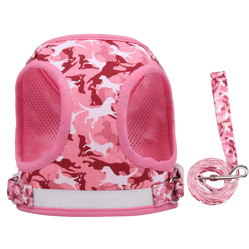 Harnais réfléchissant et respirant pour chats en rose avec laisse assortie, conçu en coton et polyester pour le confort.