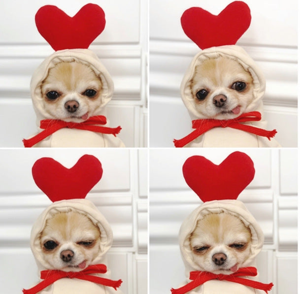 Chihuahua mignon en costume avec capuche à cœurs rouges, exprimant différentes émotions avec des accessoires pour animaux.